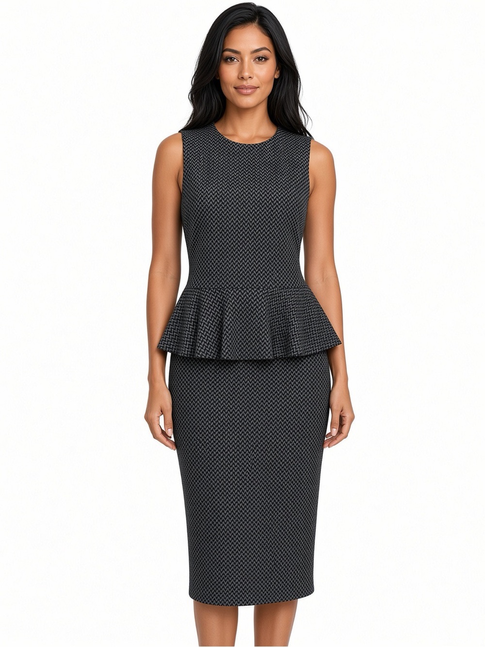 Ann Taylor Herringbone Peplum Dress 12 Black White Sleeveless Career